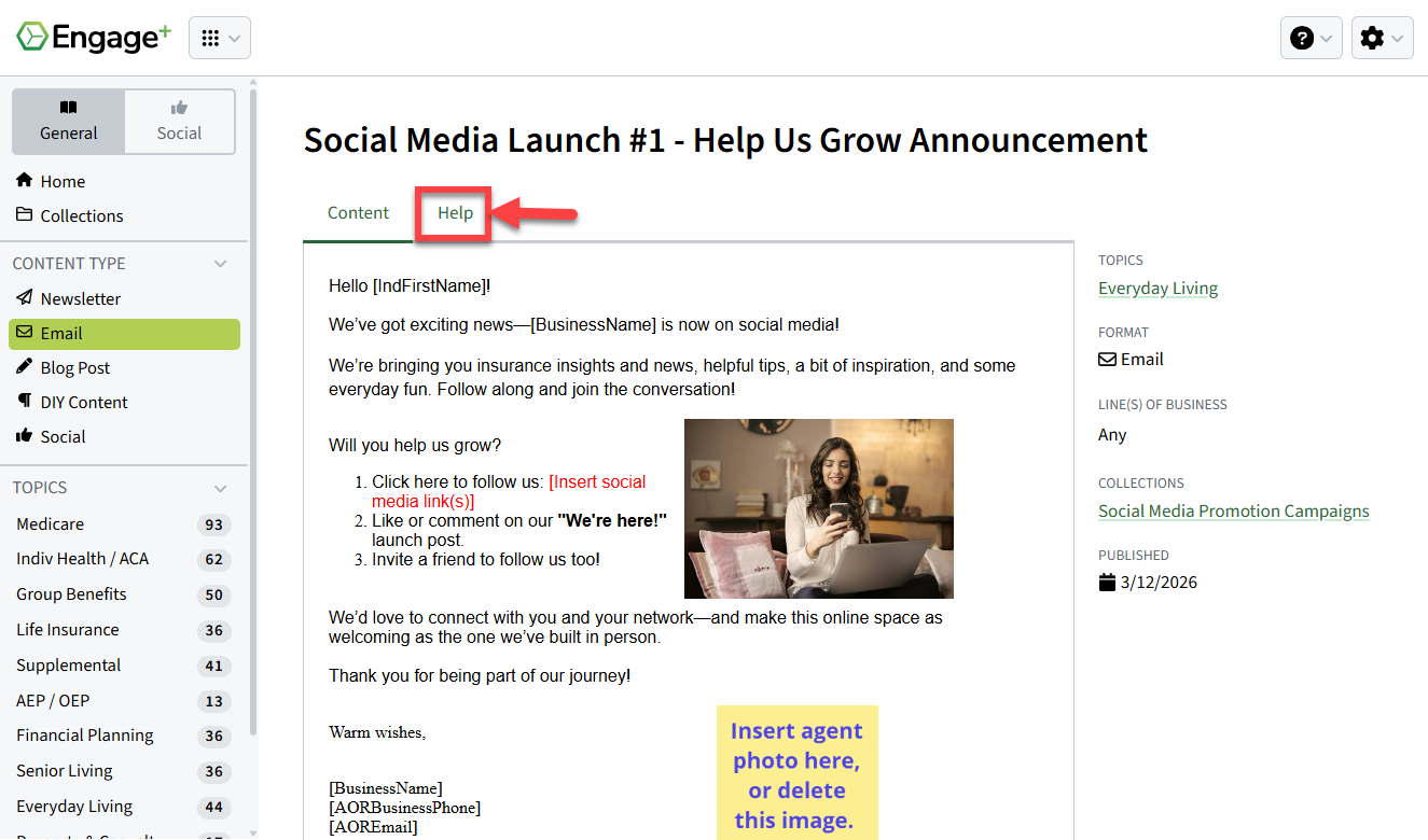 Screenshot highlighting the Help tab on the email preview page