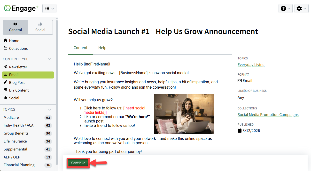 Screenshow highlighting the Continue button on the email preview page