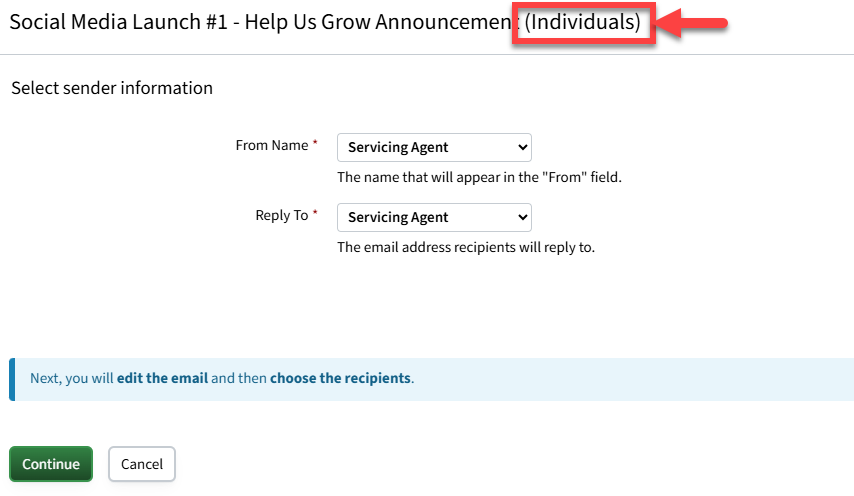 Screenshot highlighting the recipient type in the sender information pop-up window heading
