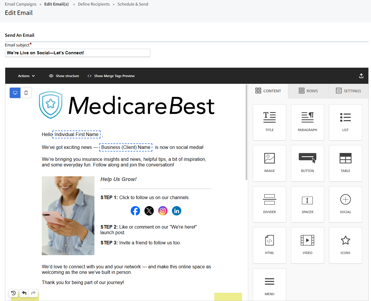Screenshot showing the email content in the email editor in AMS+