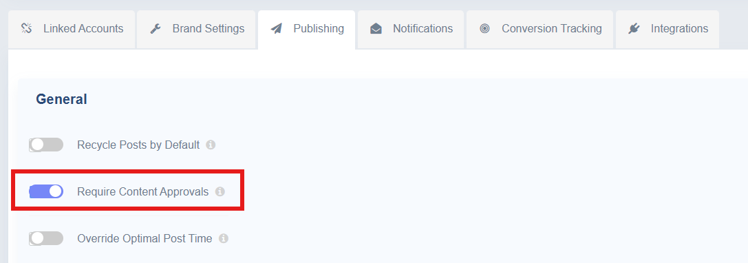 Screenshot highlighting the Require Content Approvals setting in Publishing General settings in Engage+ Content Marketing