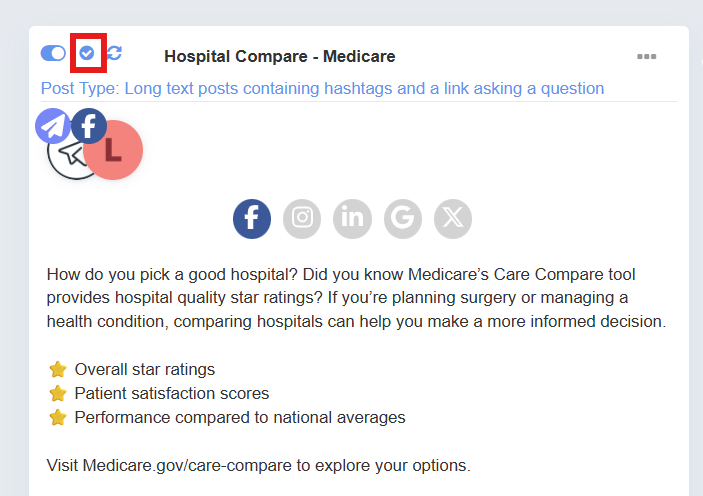 Screenshot showing the blue checkmark icon on a social media post that indicates it is not yet approved to post in Engage+ Content Marketing