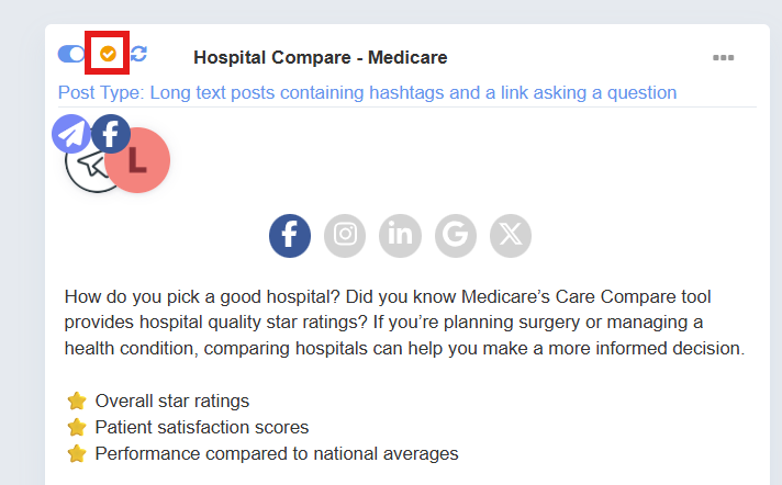 Screenshot showing the orange checkmark icon on a social media post that indicates it is approved to post in Engage+ Content Marketing
