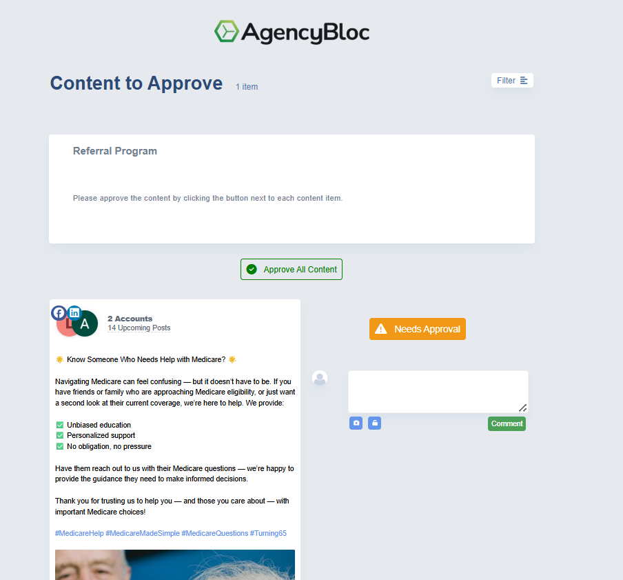 Screenshot showing social media content to approve in Engage+ Content Marketing