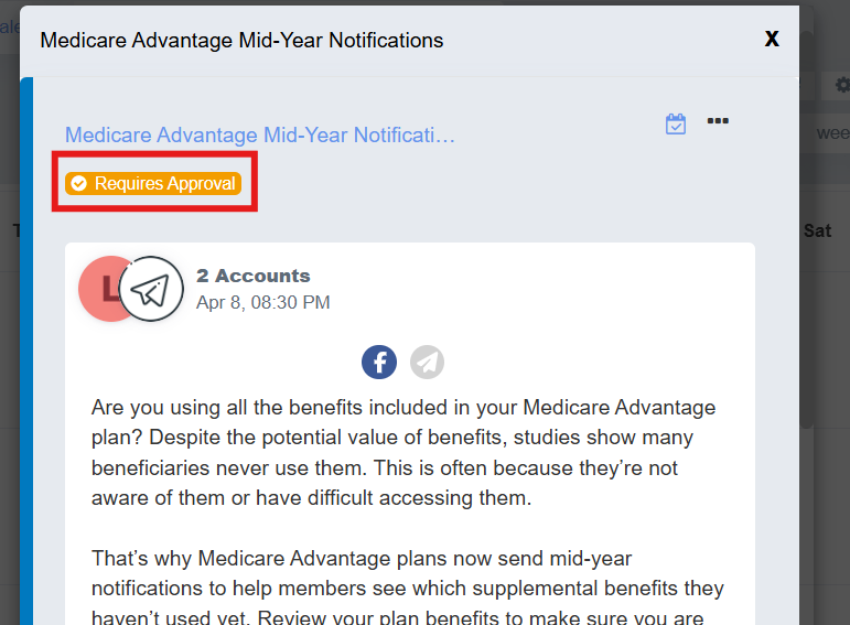 Screenshot showing a social media post that requires approval in Engage+ Content Marketing