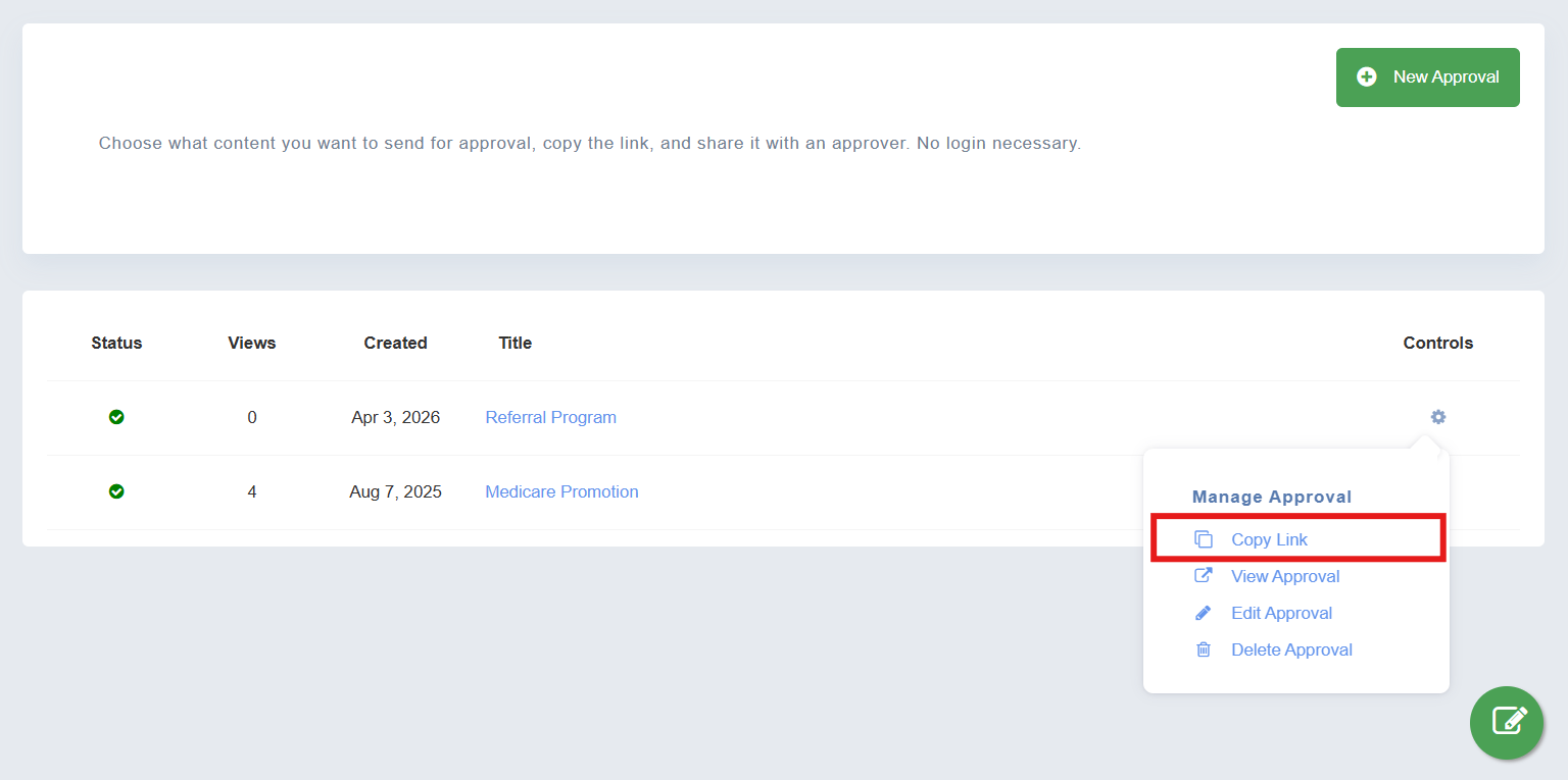 Screenshot showing how to share a social media content approval link in Engage+ Content Marketing