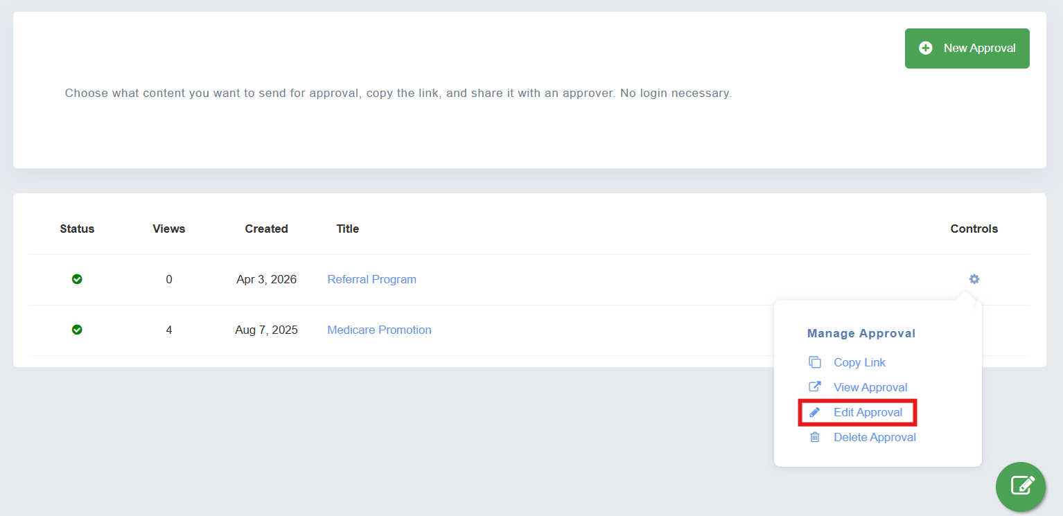 Screenshot showing how to edit social media content approval in Engage+ Content Marketing